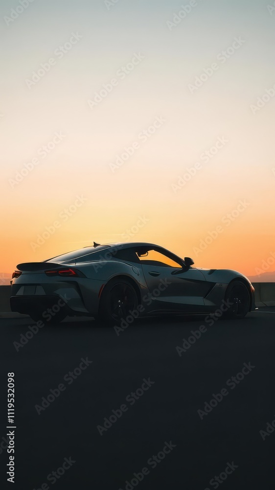 Sleek sports car silhouette against sunset sky with modern, aerodynamic design and powerful feel, fast, sporty Sleek sports car silhouette against sunset sky with modern, aerodynamic design and powerful feel, fast, sporty