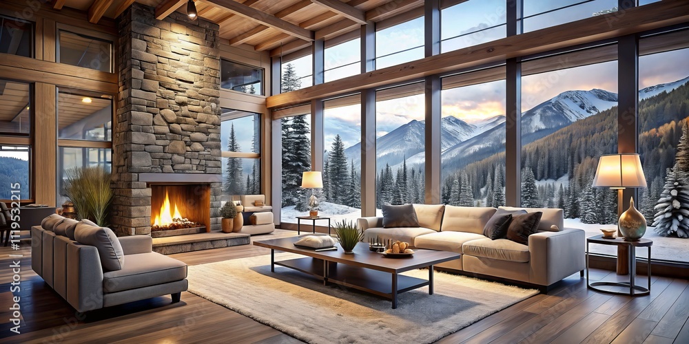 custom made wallpaper toronto digitalCozy Mountain Retreat with Modern Interior Design, Warm Fireplace, and Stunning Snowy Landscape Views Through Large Windows in a Serene Setting