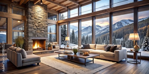 Wallpaper Mural Cozy Mountain Retreat with Modern Interior Design, Warm Fireplace, and Stunning Snowy Landscape Views Through Large Windows in a Serene Setting Torontodigital.ca