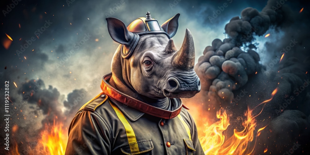 Dynamic Firefighter Rhino: Heroic Pose of a Human-Form Rhino in Striking Firefighter Uniform Ready for Action at Night, Showcasing Courage and Strength in Dramatic Lighting Dynamic Firefighter Rhino: Heroic Pose of a Human-Form Rhino in Striking Firefighter Uniform Ready for Action at Night, Showcasing Courage and Strength in Dramatic Lighting