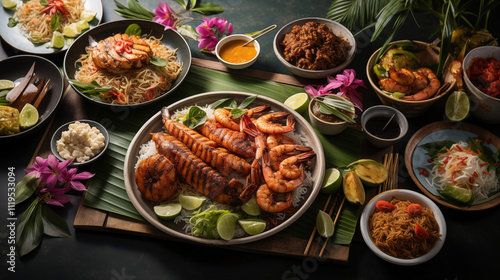 Wallpaper Mural A Beautiful Assortment of Classic Thai Cuisine Showcasing Rich Curries, Noodles, and Aromatic Garnishes in a Feast for the Senses Torontodigital.ca