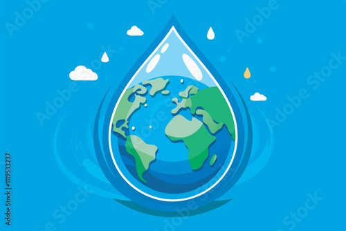 Artistic depiction of Earth within a water droplet, symbolizing the planet's reliance on water for life. Green landmasses, blue oceans, white clouds, and yellow continent