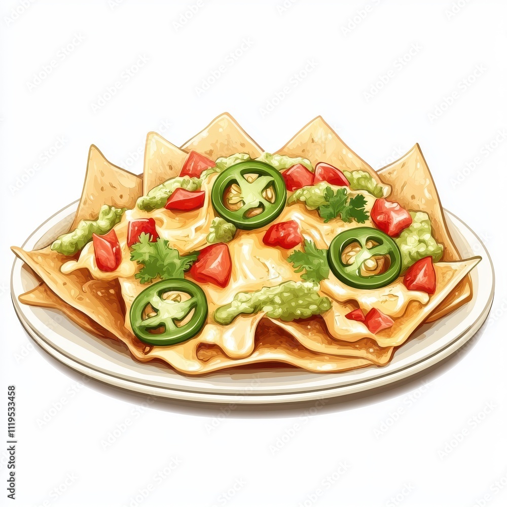 A plate of nachos topped with guacamole, cheese, jalapenos, and tomatoes. A plate of nachos topped with guacamole, cheese, jalapenos, and tomatoes.