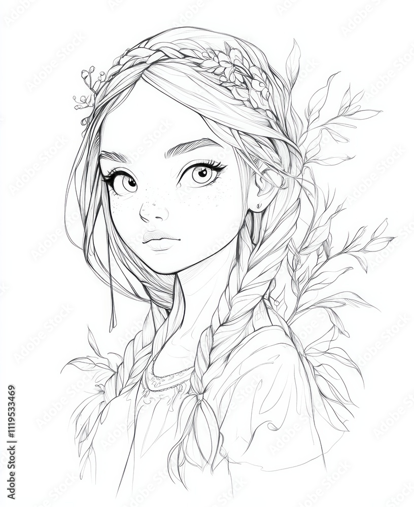 Young caucasian female with braided hair and floral accents in sketch art Young caucasian female with braided hair and floral accents in sketch art