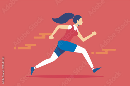 An illustration shows a happy woman in red top and white shorts running with green hairband. Yellow footprints and brick designs add to the dynamic scene.