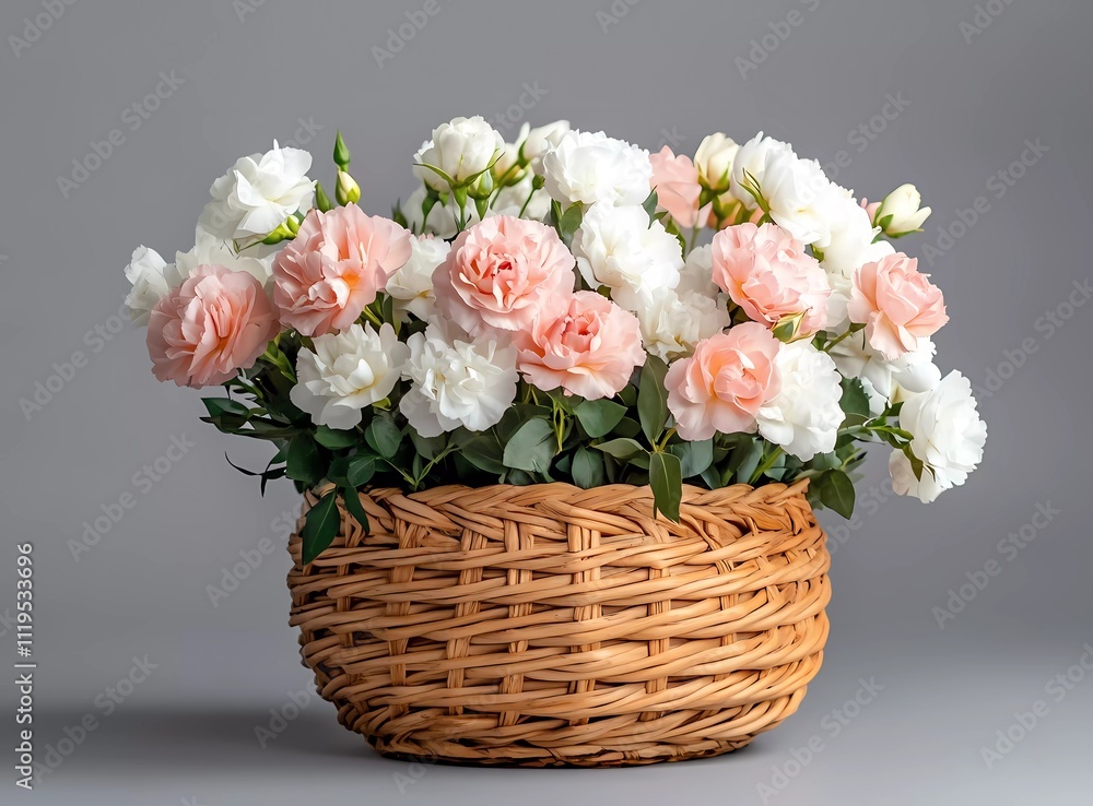 A woven wooden basket, filled to the brim with white carnations and pink roses in full bloom, placed on an isolated gray background with soft lighting casting gentle shadows. A woven wooden basket, filled to the brim with white carnations and pink roses in full bloom, placed on an isolated gray background with soft lighting casting gentle shadows.