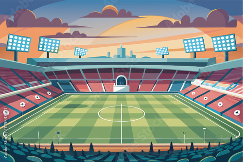A vibrant cartoon shows a packed soccer stadium at sunset. Fans in red seats cheer as they watch a match on a green field, lit by bright lights with city buildings in the background.
