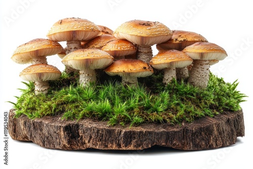 Pile of Whimsical Brown Mushrooms with Grass, Isolated