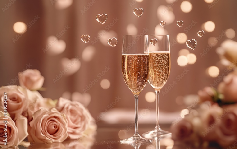 Champagne Toast Hearts Glasses of champagne with heart-shaped bubbles flying mid-air, set against a luxurious Valentineâ???s dinner table backdrop with soft roses Champagne Toast Hearts Glasses of champagne with heart-shaped bubbles flying mid-air, set against a luxurious Valentineâ???s dinner table backdrop with soft roses