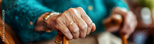 Elderly Person Holds Walking Canes with Aged Hands