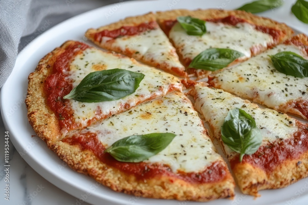 A delicious pizza topped with cheese and fresh basil, sliced and ready to serve. A delicious pizza topped with cheese and fresh basil, sliced and ready to serve.