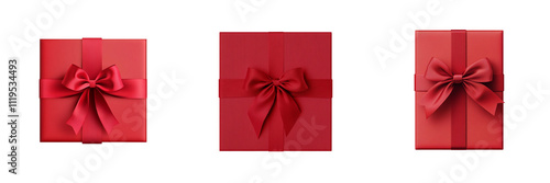 Set of A red gift box with a red ribbon bow, on a PNG format Background. Generative AI,