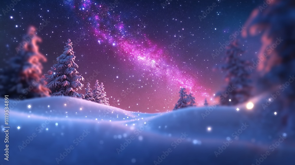 Obraz premium Winter landscape with snowy trees and a starry galaxy in the night sky