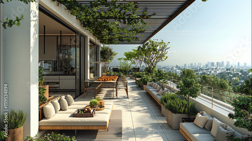 Penthouse big open balcony. lush greenery. white- light beige color pallet. planters. trees fruit trees. metal wall. pergola dining area outdoor kitchen. open sky. photo