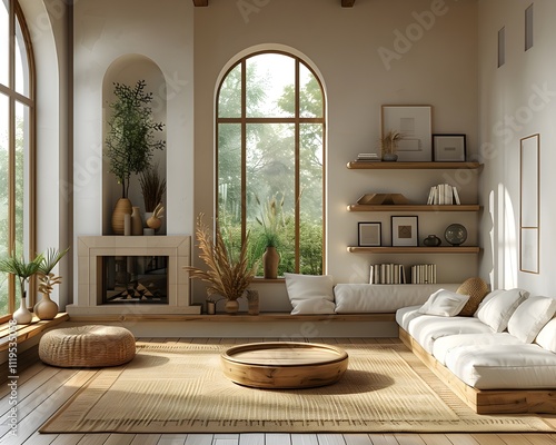 living room with furniture Large, arched windows, wooden window frames, high arched ceilings. Scandinavian stay Hype desigh photo