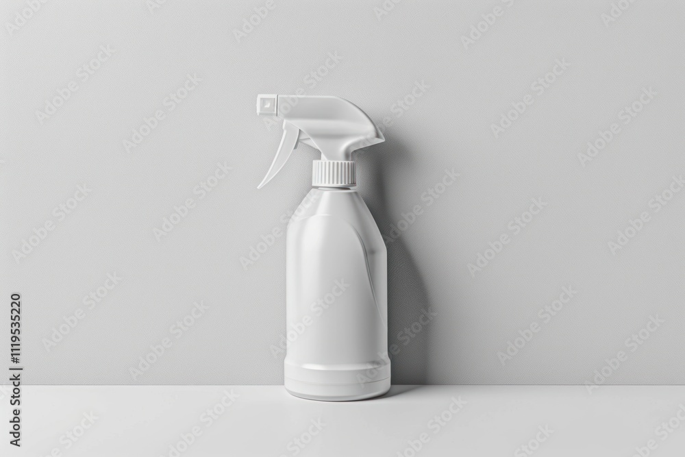 Close-up view of a cleaning spray bottle mockup with a sleek and modern design, displayed against a clean, white background Close-up view of a cleaning spray bottle mockup with a sleek and modern design, displayed against a clean, white background