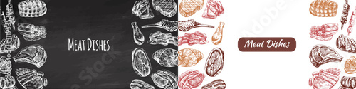 Hand-drawn meat dishes illustration for restaurant menu and food design