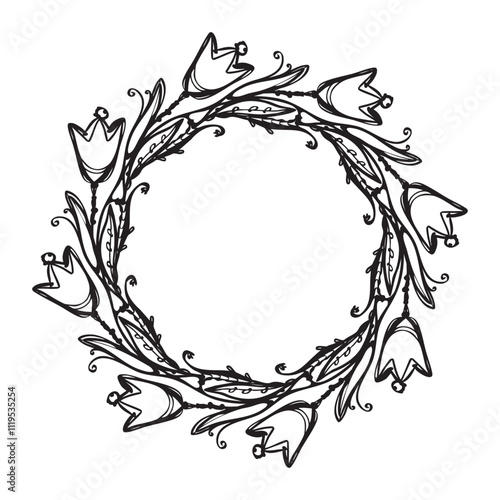 Wreath - vector decorative tulips and hearts, black and white doodle.