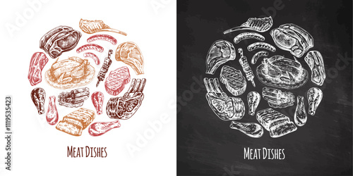 Circle composition of hand drawn meat dishes, chalkboard style
