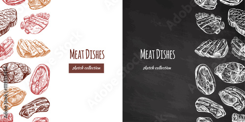 Hand-drawn meat dishes sketch collection for culinary menu design