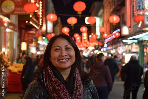 Woman happily poses in lively Chinatown filled with lanterns at night