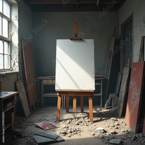 A mockup of an empty canvas in an abandoned art studio, with a light brown wooden easel at the center, surrounded by dust and debris. Cluttered tables, a dusty greyish-brown floor, and soft light from photo