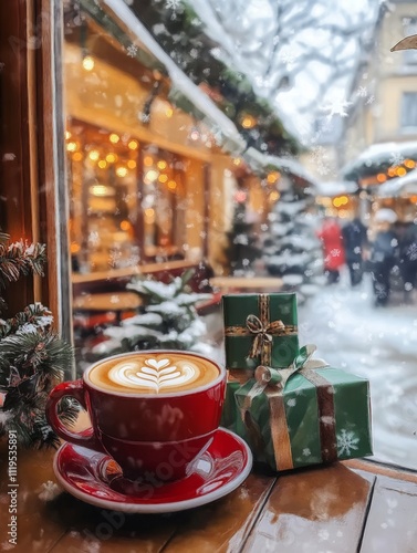 Wallpaper Mural Red coffee cup with latte art on table, snowy Christmas scene outside, outdoor cafe shop decorated for holidays, green gift boxes near trees, hyperrealistic painting style, soft oil colors. Torontodigital.ca