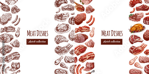 Hand-drawn vertical meat dishes borders, culinary art collection