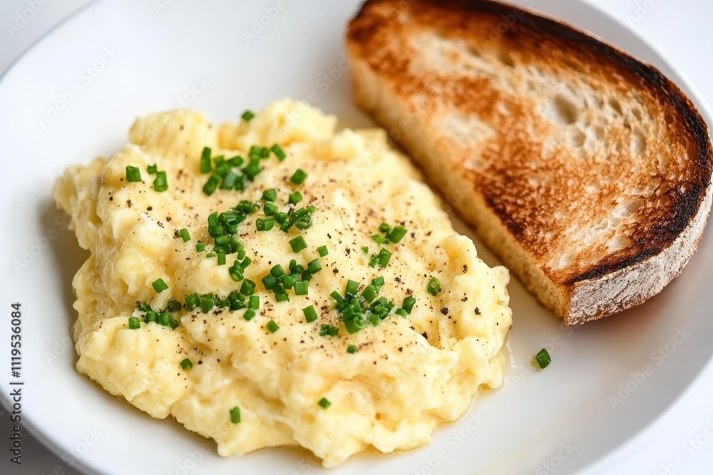 A plate of creamy scrambled eggs garnished with chives and a slice of toasted bread. A plate of creamy scrambled eggs garnished with chives and a slice of toasted bread.