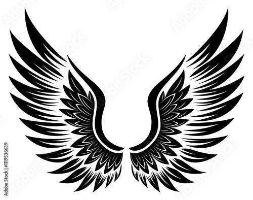 Stylized design of a bird with wings fully extended in monochrome.