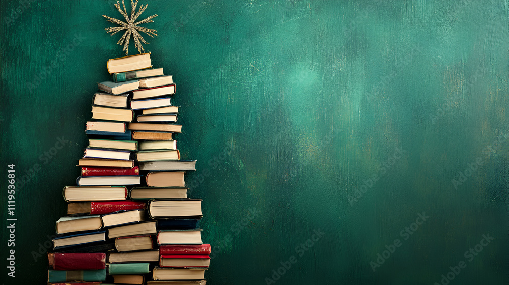 Christmas Tree made out of books on green background Christmas Tree made out of books on green background
