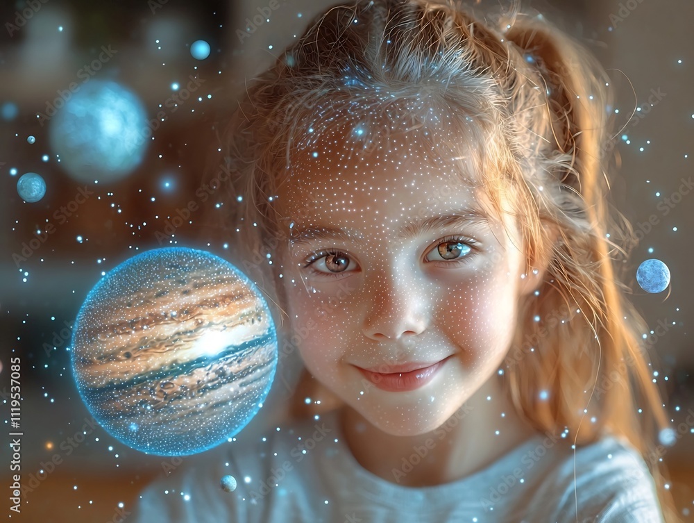 Naklejka premium Holographic Planets Spark Curiosity and in Futuristic Classroom