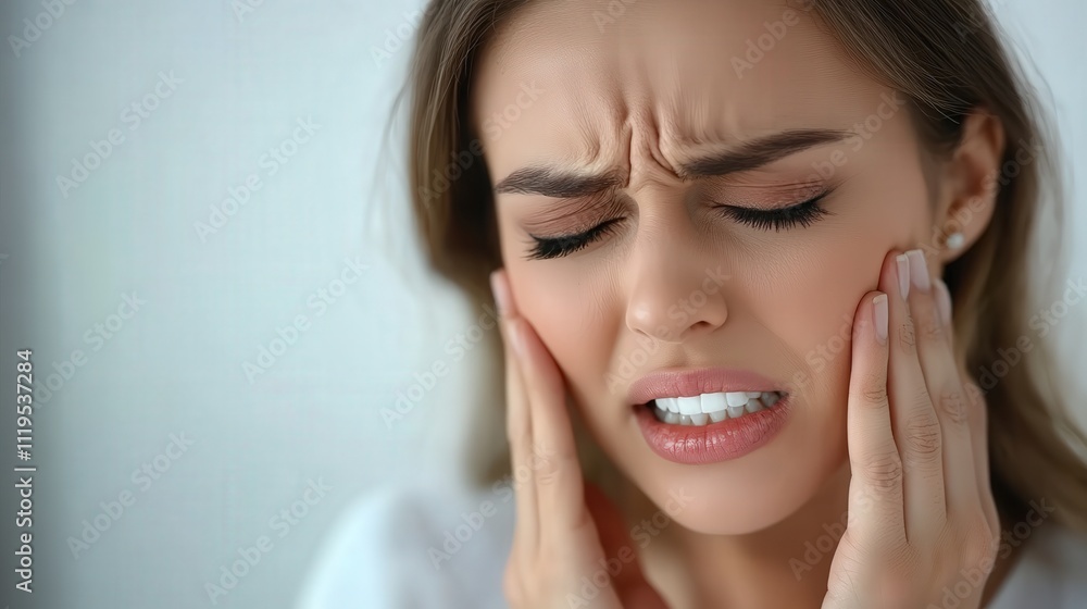 A woman grimaces in pain, holding her jaw, indicating discomfort, possibly from a dental issue or stress. A woman grimaces in pain, holding her jaw, indicating discomfort, possibly from a dental issue or stress.
