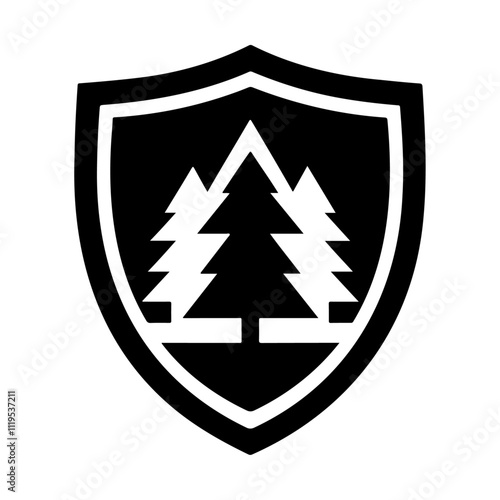 Forest in shield for botany flower protection black silhouette vector icon design