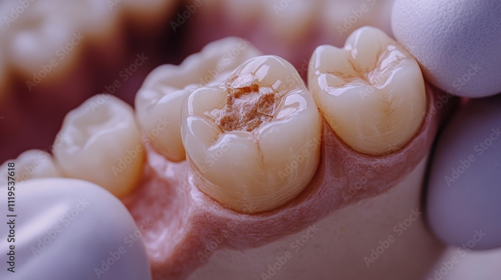 A close-up of a decayed tooth, highlighting dental damage and the surrounding healthy teeth, emphasizing the importance of oral health. A close-up of a decayed tooth, highlighting dental damage and the surrounding healthy teeth, emphasizing the importance of oral health.