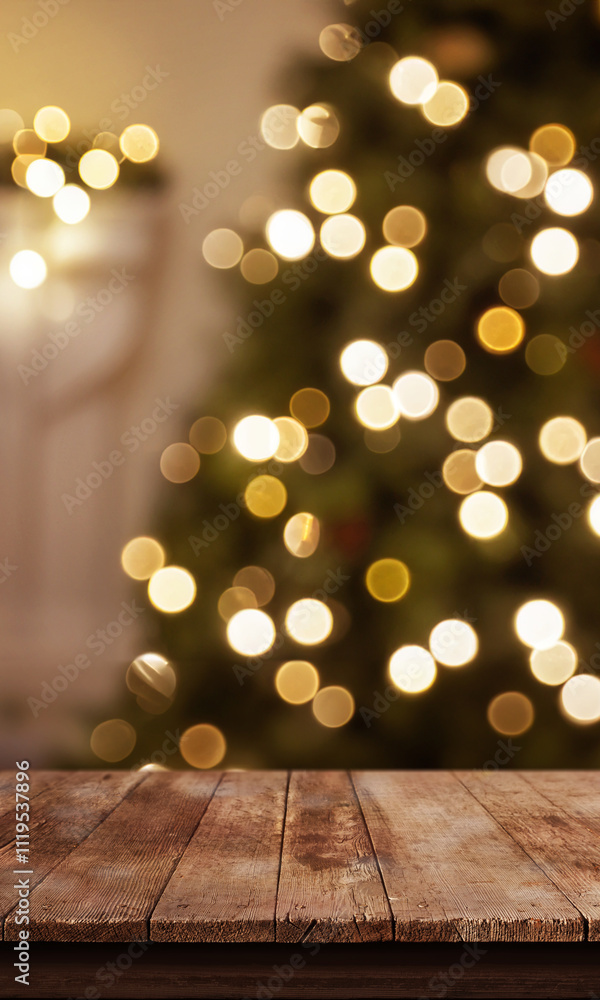 Rustic wooden table with a bokeh background of Christmas tree lights, front view, perfect for promoting holiday sales, festive products, or seasonal campaigns Rustic wooden table with a bokeh background of Christmas tree lights, front view, perfect for promoting holiday sales, festive products, or seasonal campaigns