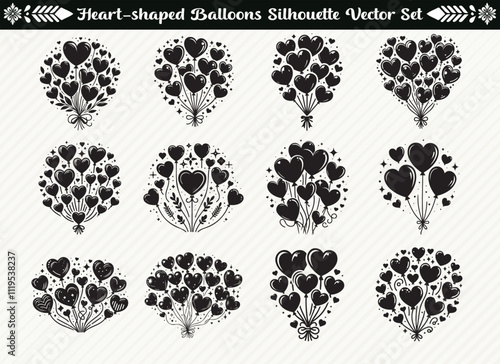 Heart Balloons Silhouette Set Romantic Valentines Day Decorations Love Symbols Party Graphics