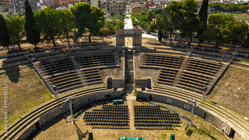 Aerial view of the Roman amphitheater of Lucera, in the province of Foggia, Puglia, Italy. It is a Roman amphitheater built in the 1st century. photo