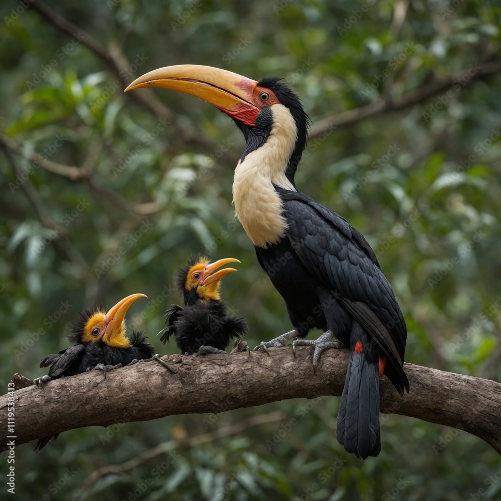 Fototapeta premium A hornbill with a striking beak feeding its chicks.