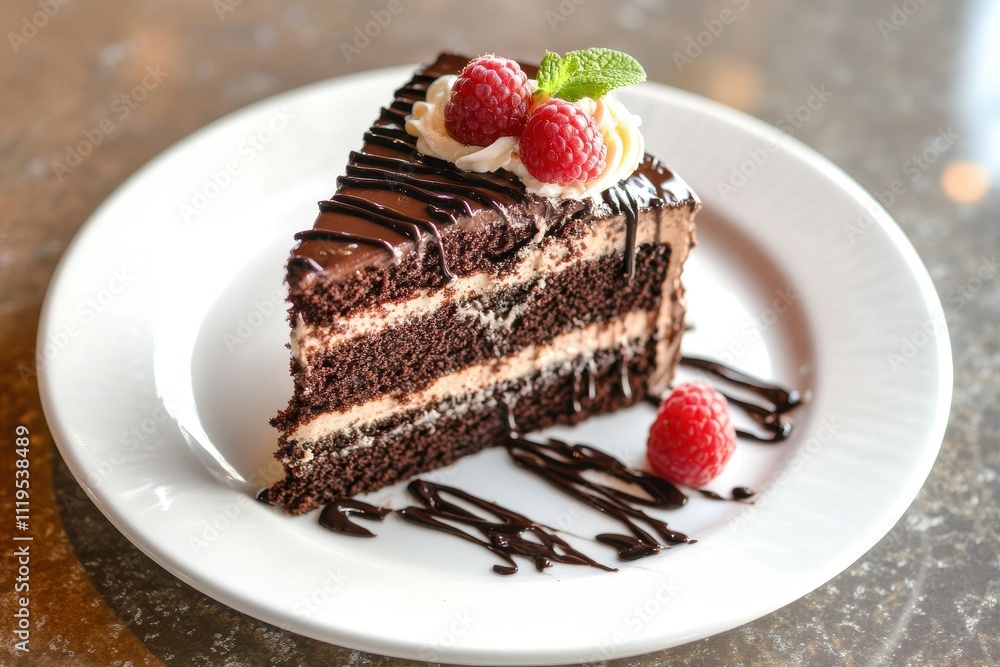 A slice of chocolate cake topped with raspberries and drizzled with chocolate sauce. A slice of chocolate cake topped with raspberries and drizzled with chocolate sauce.