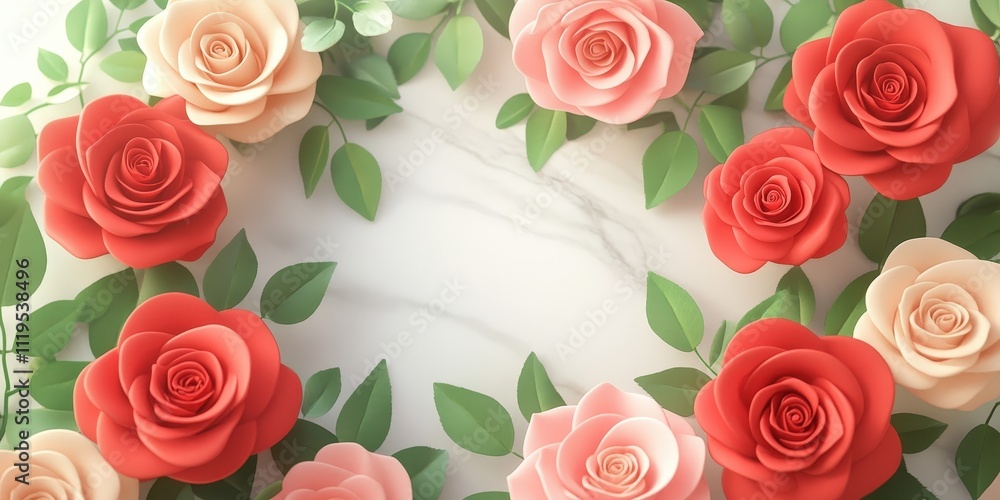 Beautiful Arrangement of Vibrant Red and Pink Roses in a Circular Pattern Surrounded by Green Leaves on a Soft Marble Background Beautiful Arrangement of Vibrant Red and Pink Roses in a Circular Pattern Surrounded by Green Leaves on a Soft Marble Background