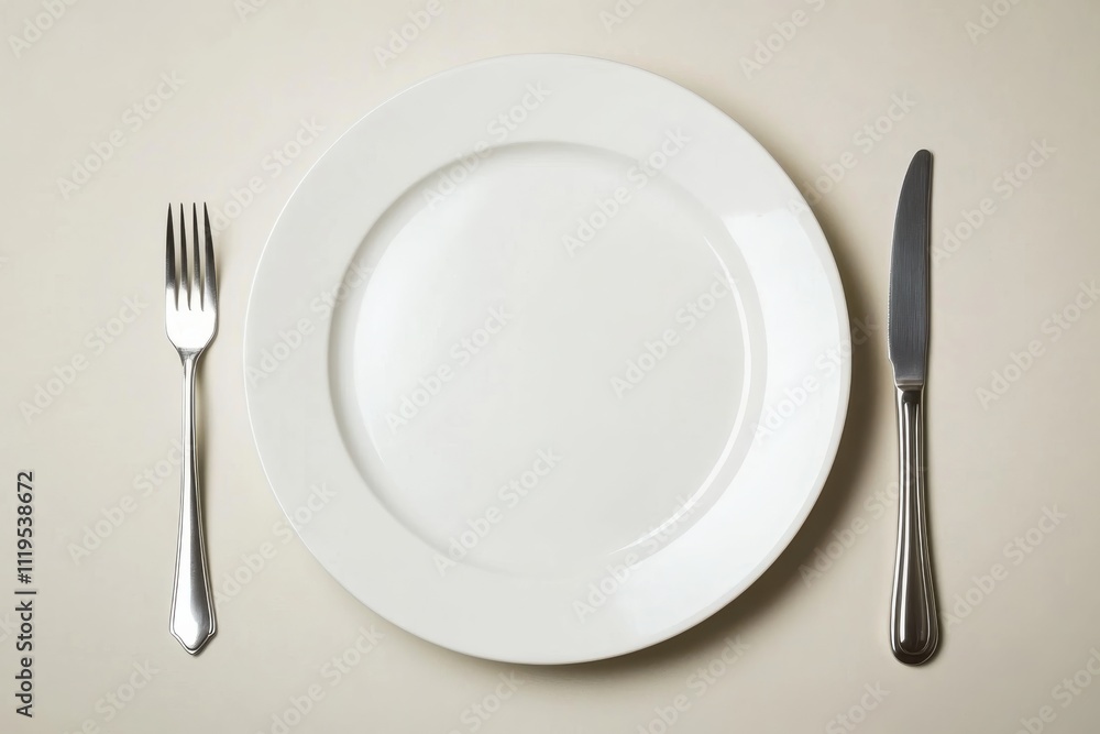 Simple white plate with fork and knife arranged for a meal setting Simple white plate with fork and knife arranged for a meal setting