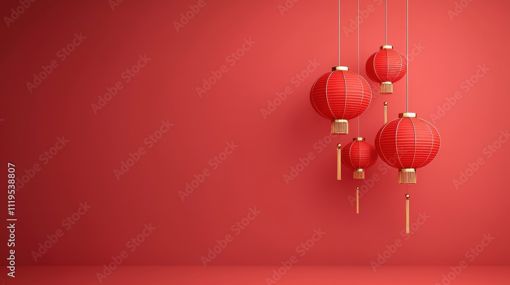 A red wall with four red lanterns hanging from the ceiling A red wall with four red lanterns hanging from the ceiling