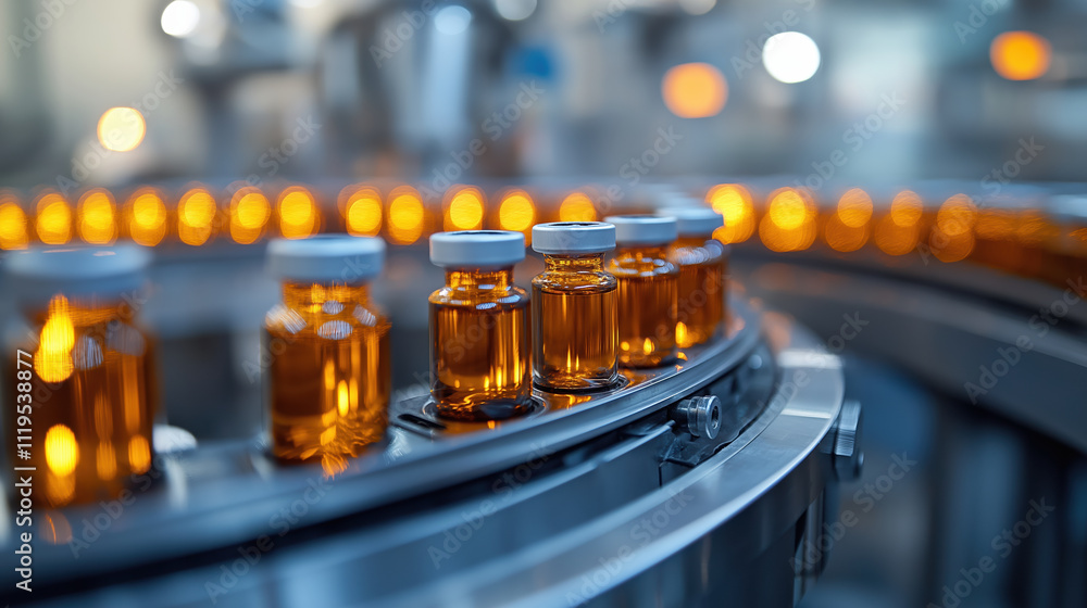 Pharmaceutical production line with amber vials conveying under soft industrial lights Pharmaceutical production line with amber vials conveying under soft industrial lights
