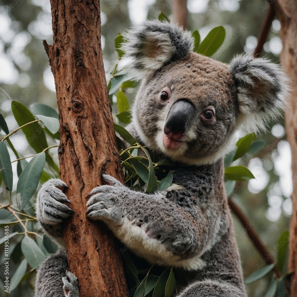 Obraz premium A koala hugging a eucalyptus tree.
