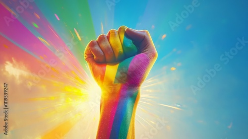 An abstract image depicting a fist painted in vibrant rainbow colors, emanating rays of light, symbolizing strength, pride, and unity, with dynamic energy.