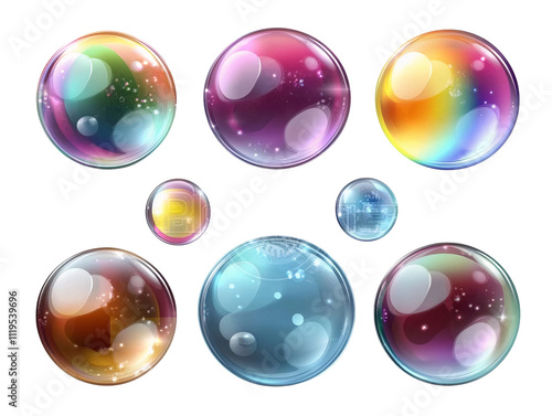 rainbow soap bubbles set on white background