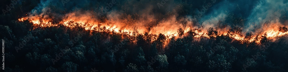 Aerial view a wildfire spreading through the forest Aerial view a wildfire spreading through the forest