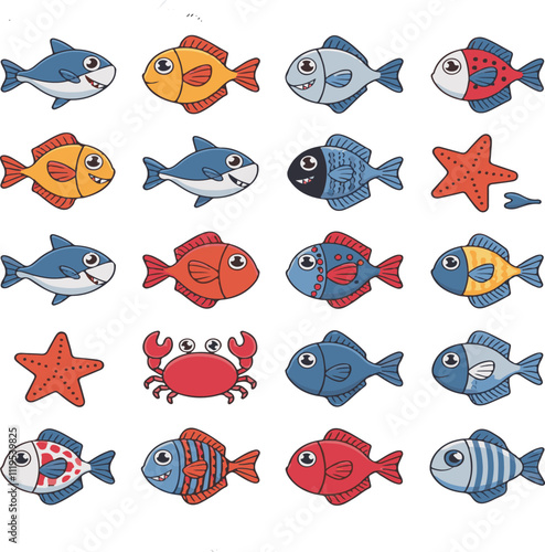Sea fish silhouette cartoon set. Abstract shape marine fish kids naive drawn art. Tuna salmon or aquarium fishes simple figure. Flat ocean design isolated vector illustration on a white background