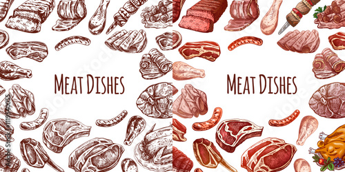 Hand-drawn meat dishes collection with white and chalkboard backgrounds